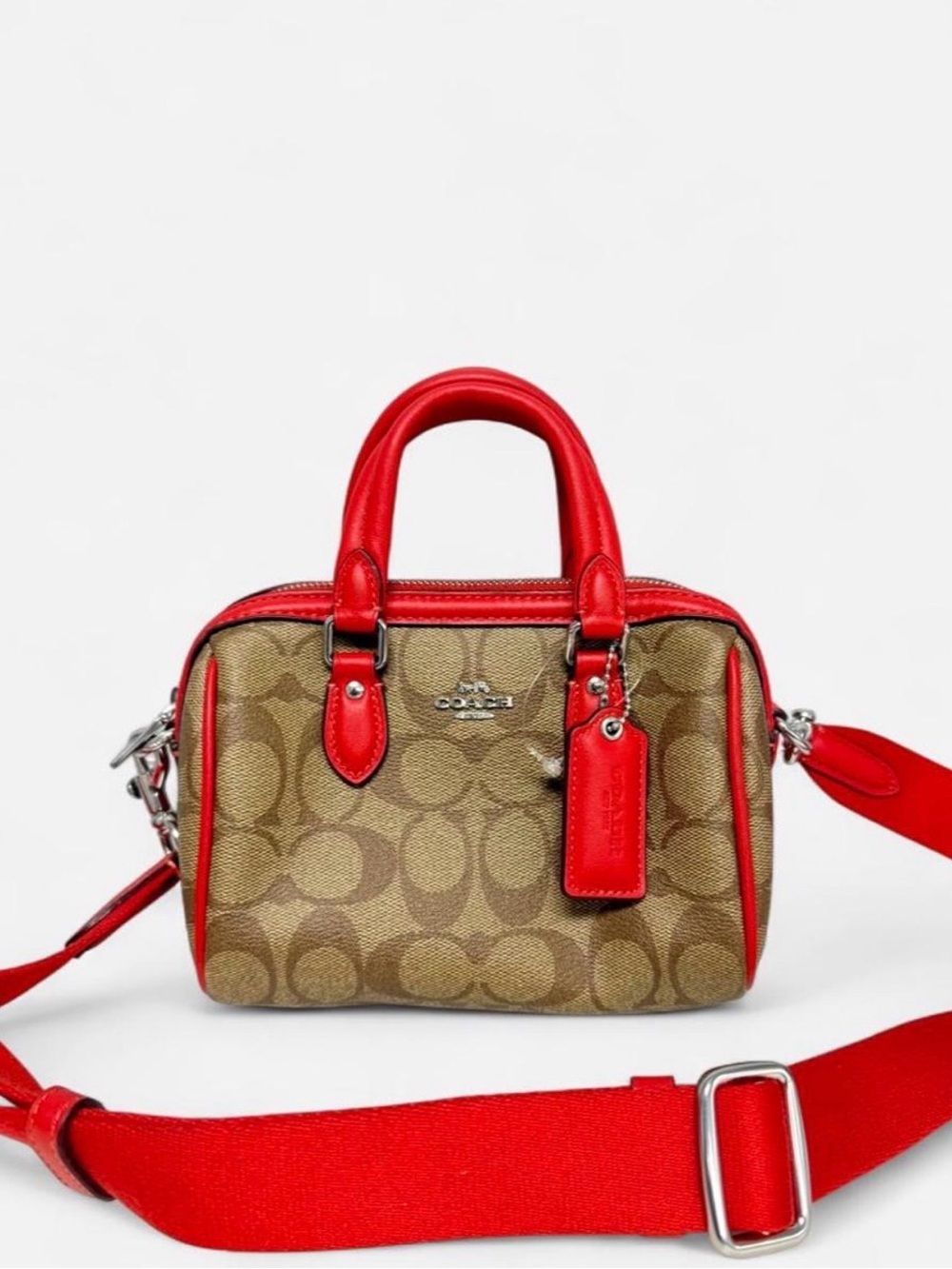 Coach Mini Rowan Crossbody Signature Canvas Khaki Electric Red NWOT